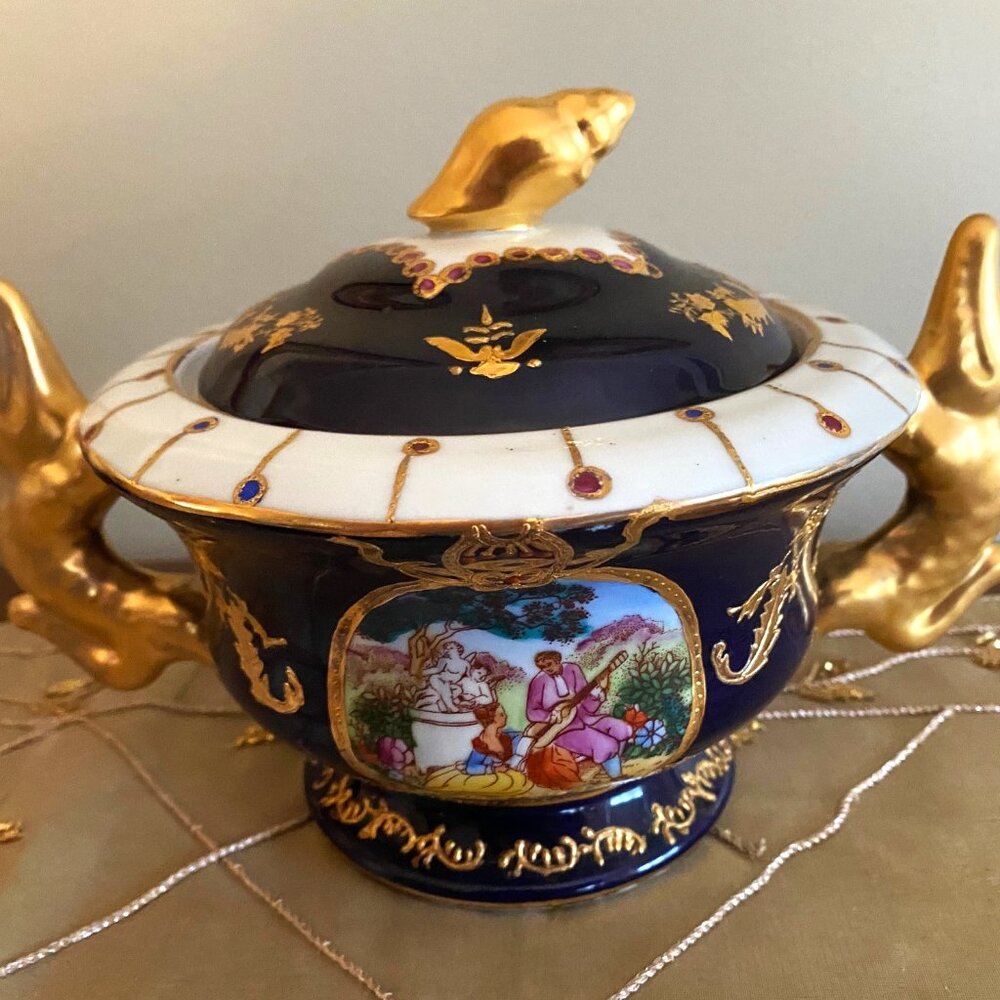Vintage Sevres Porcelain Covered Bowl with HandPainted Scenes and Gilt Dragons